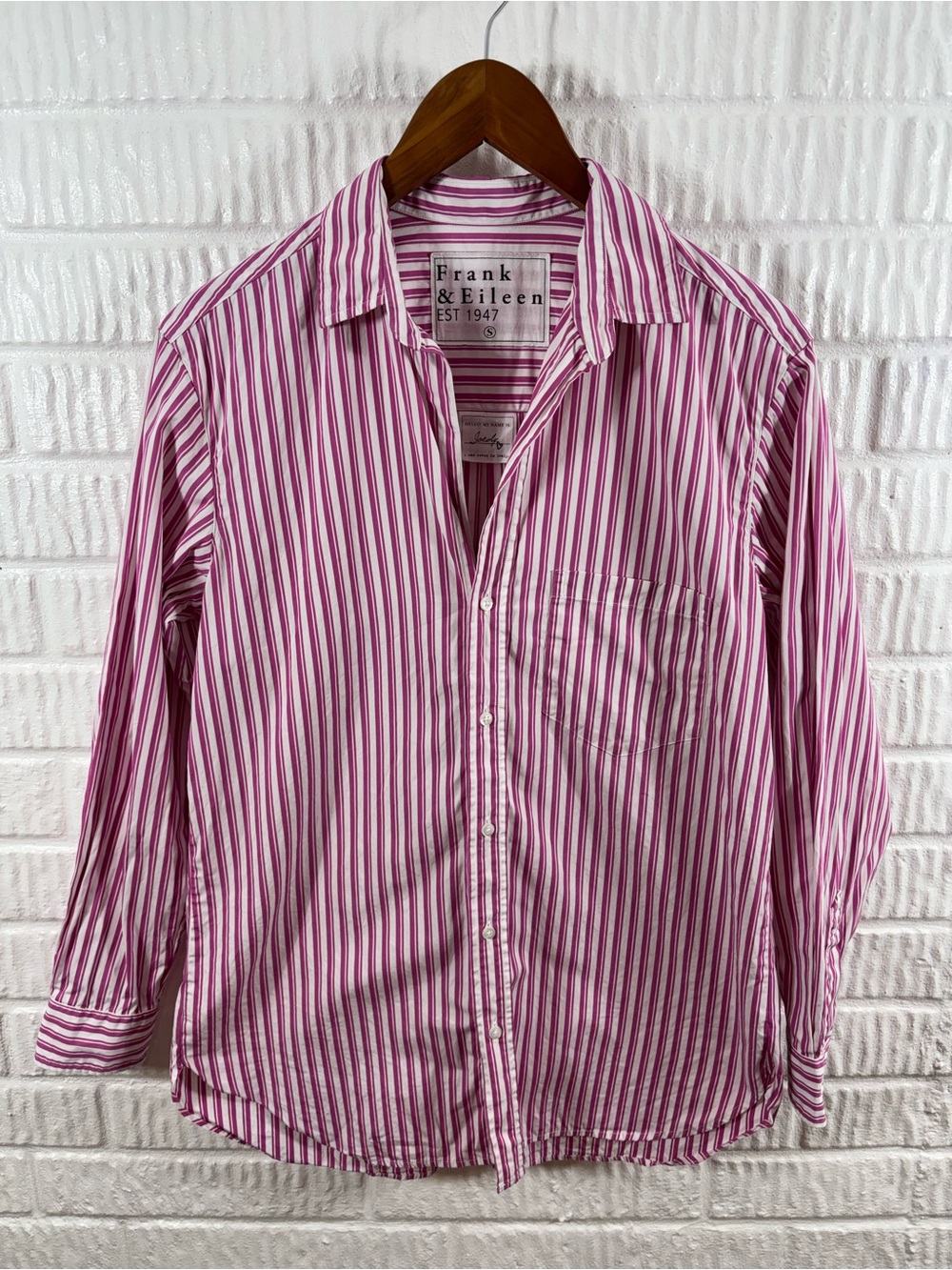 Frank & Eileen Joedy Boyfriend Button Up Woven Shirt Pink Stripe Small - Picture 3 of 6